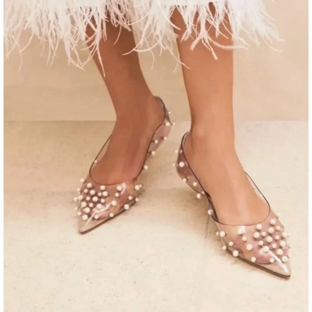 Cult Gaia Roxy Pearl Embellished Kitten Heels 36 Clear Pointed Toe Pumps
